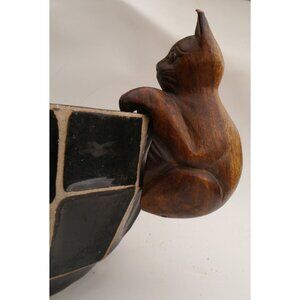 Vntg Primitive Wood Hand Carved Kitty Cat Planter Fish Bowl Hanger Figurine READ